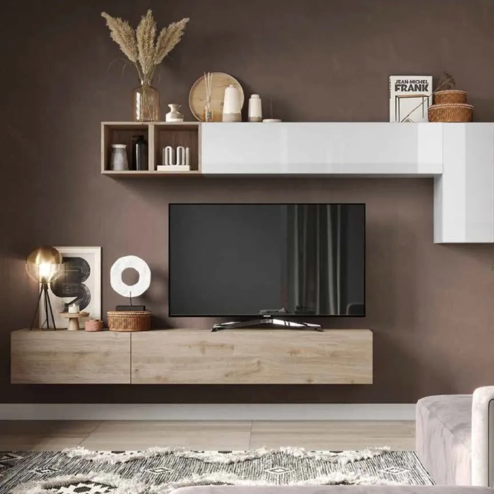 Parete attrezzata Bice linea Arte in finitura Bianco Lucido e Rovere Cadiz