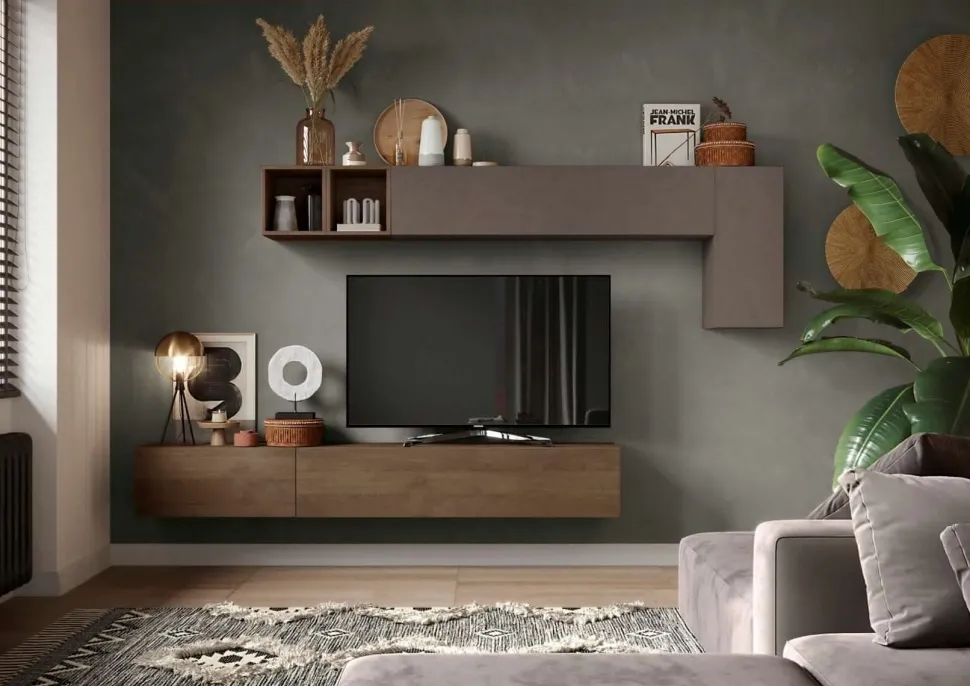 Parete attrezzata Bice linea Arte in finitura Bronzo e Rovere Mercure