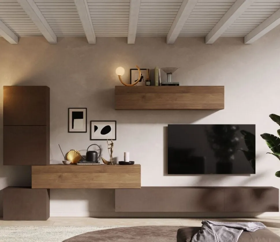 Parete attrezzata Camille linea Arte in finitura Rovere Mercure e Bronzo