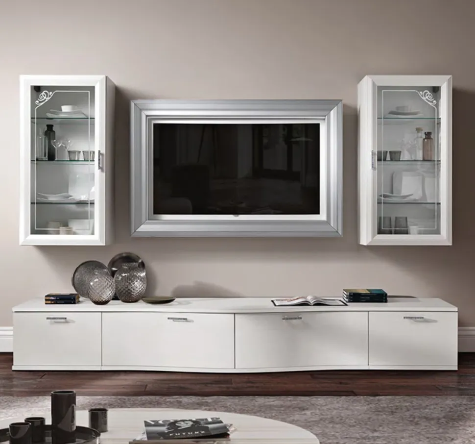 Parete attrezzata Catalina linea Prevaling finitura Bianco Frassino e Argento con serigrafia Argento e maniglie con strass