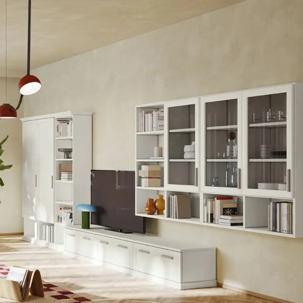 Parete attrezzata classica con librerie e vetrine sospese linea Motivi disponibile in vari colori