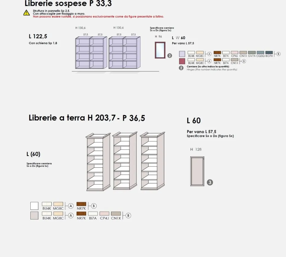 Parete attrezzata classica con librerie e vetrine sospese linea Motivi disponibile in vari colori