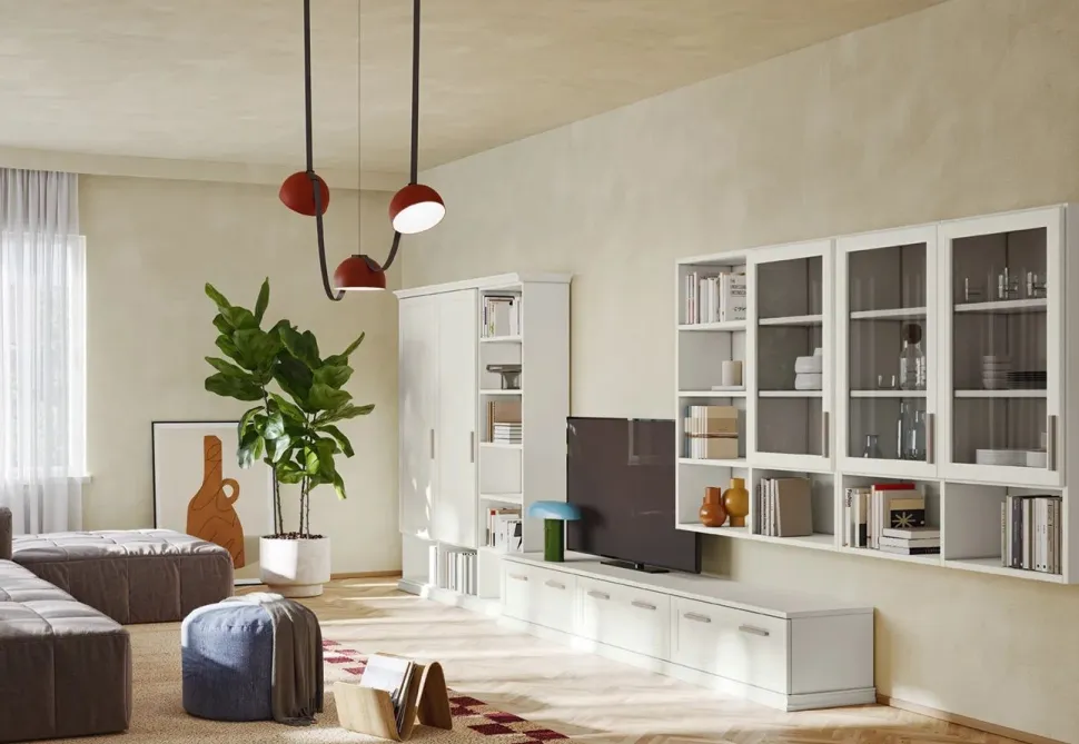 Parete attrezzata classica con librerie e vetrine sospese linea Motivi disponibile in vari colori