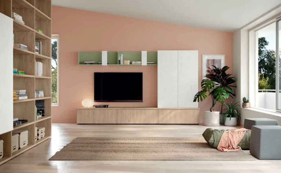 Parete attrezzata componibile Bianco Opaco e Rovere Alice linea Zafferano 15 colorazioni