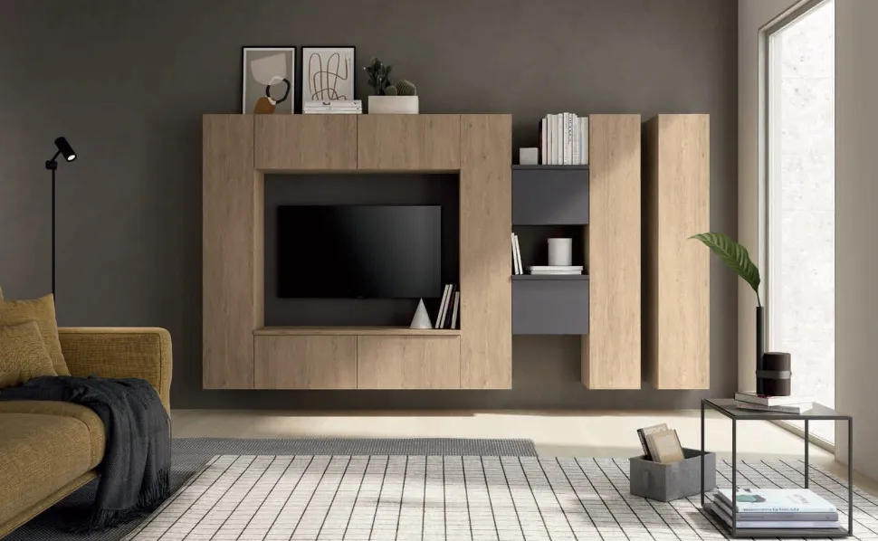 Parete attrezzata componibile sospesa Rovere chiaro e Grigio Madrid linea Zafferano 15 colorazioni