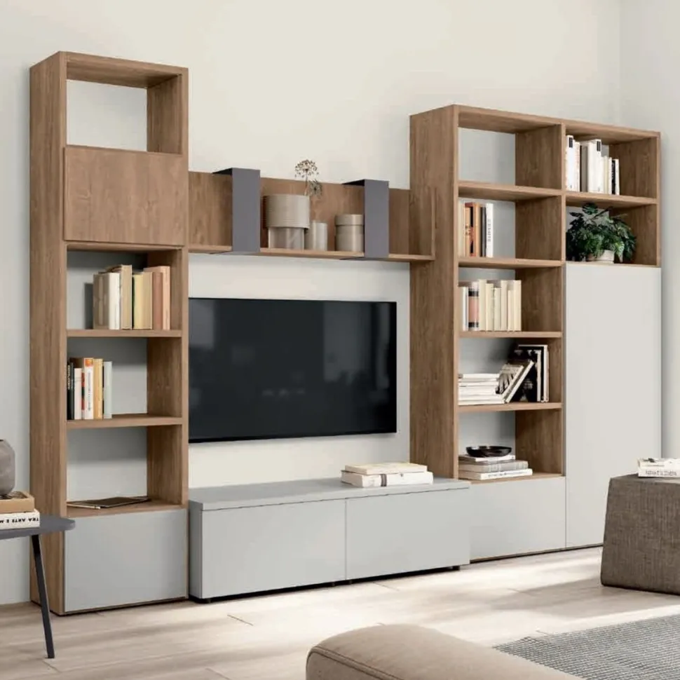 Parete attrezzata componibile Rovere e Grigio chiaro Paris linea Zafferano 15 colorazioni
