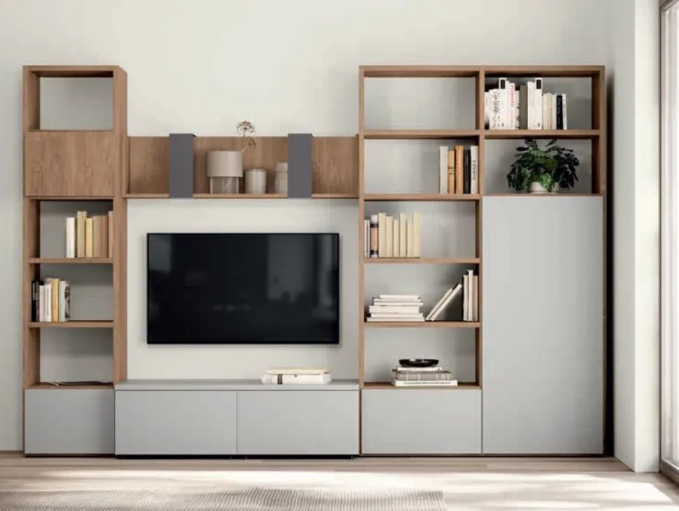Parete attrezzata componibile Rovere e Grigio chiaro Paris linea Zafferano 15 colorazioni
