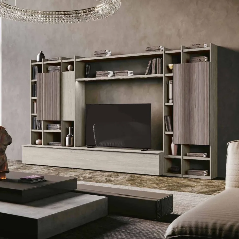Parete attrezzata componibile moderna con librerie e ante a sbalzo disponibile in vari colori
