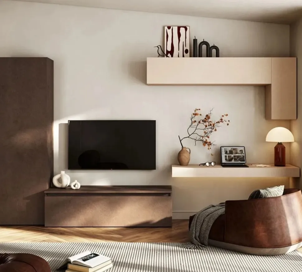 Parete attrezzata con base tv e scrivania in finitura Cashmere e Bronzo
