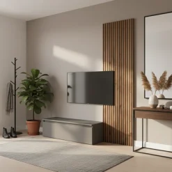 Parete attrezzata con Boiserie in cannettato e cassettone porta tv in Lava e Mercure