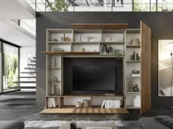 Parete Attrezzata con colonna in Cashmere Opaco e Rovere Mercure con ante Vasistas e Ribalta