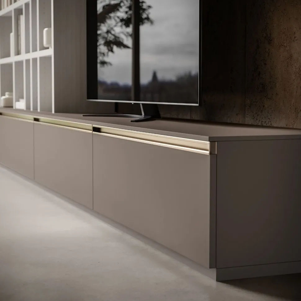 Parete attrezzata con maniglia a gola Caster linea Contact disponibile in 30 colori