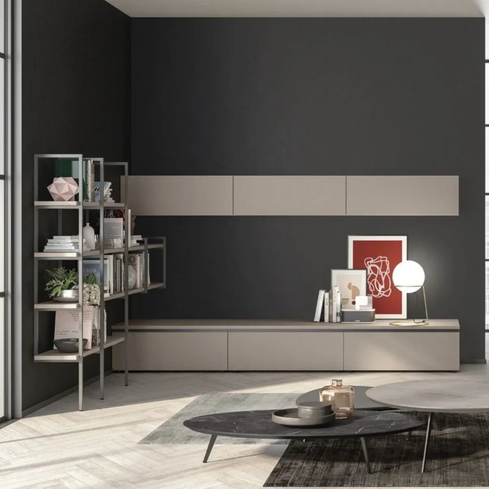 Parete attrezzata con maniglie a gola e libreria con montanti disponibile in vari colori