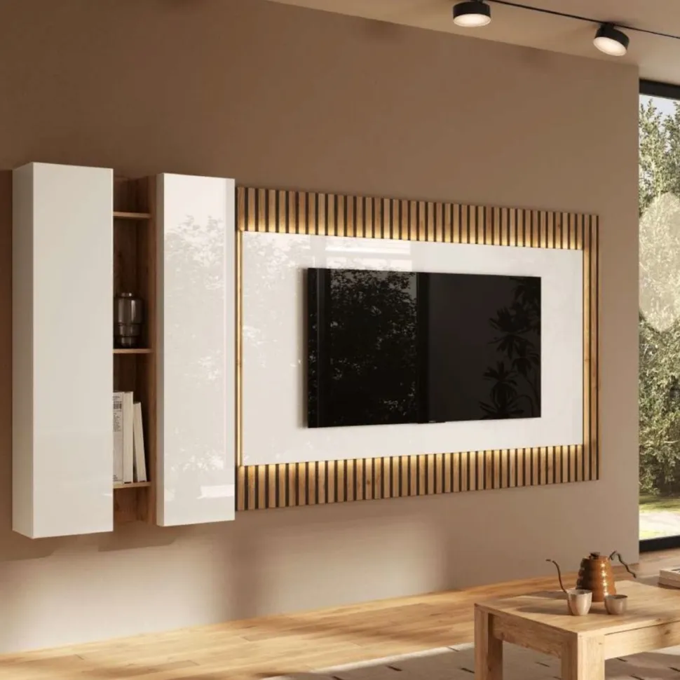 Parete attrezzata con pensili sospesi e pannello porta tv in effetto Bianco lucido e Cadiz cannettato