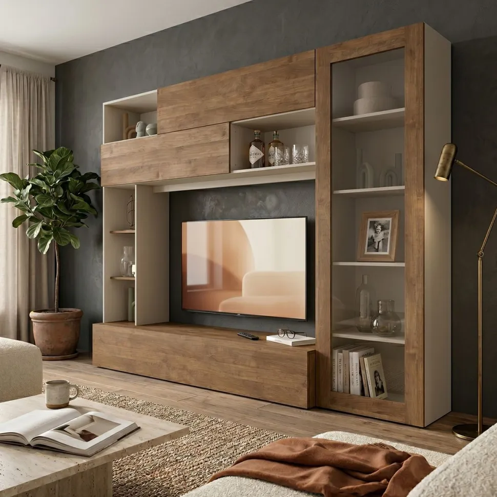 Parete Attrezzata con vetrina in Cashmere Opaco e Rovere Mercure con ante Vasistas e Ribalta