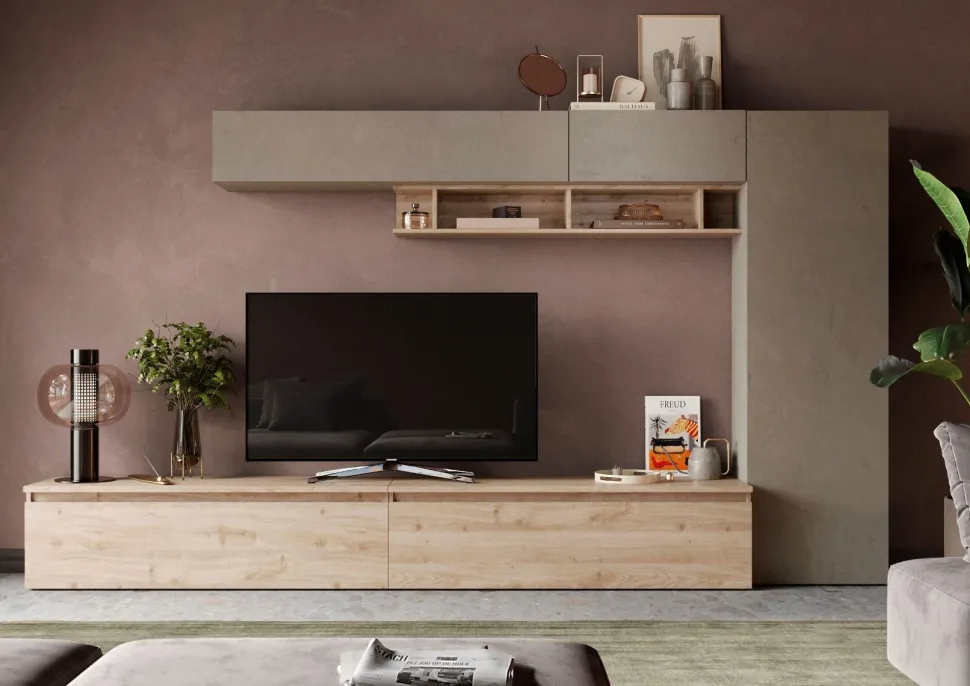 Parete attrezzata Eliot linea Arte in finitura Rovere Cadiz e Argilla