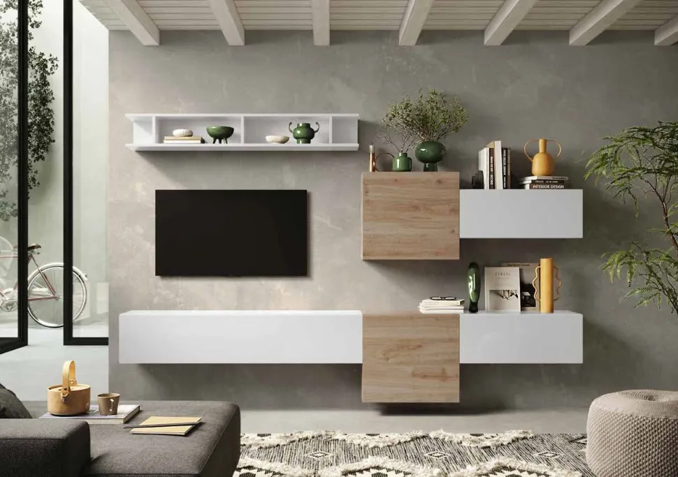 Parete attrezzata Eos linea Arte in finitura Rovere Cadiz e Bianco Lucido