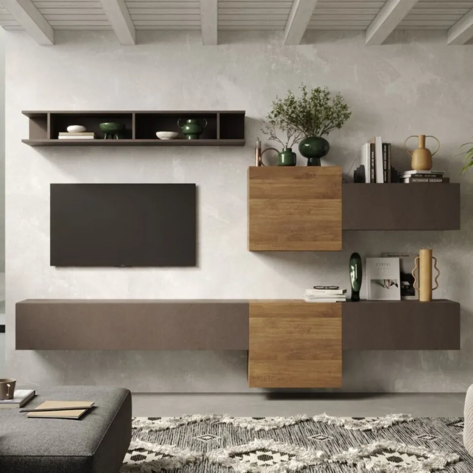 Parete attrezzata Eos linea Arte in finitura Rovere Mercure e Bronzo