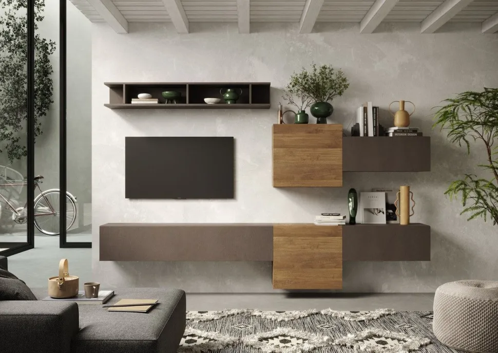 Parete attrezzata Eos linea Arte in finitura Rovere Mercure e Bronzo