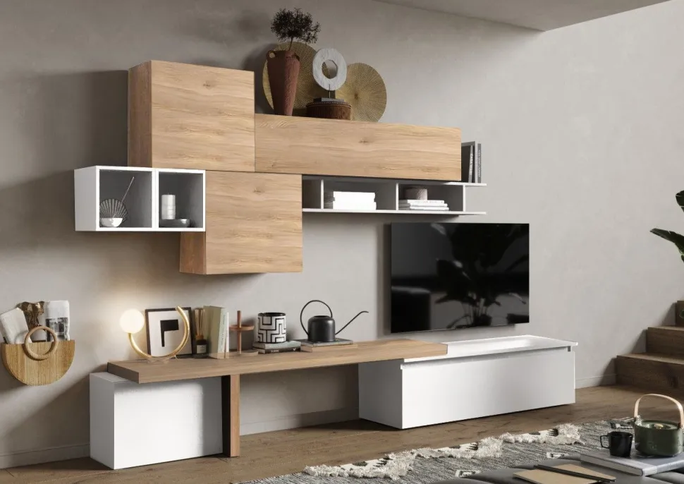 Parete attrezzata Evan linea Arte in finitura Argilla, Rovere Mercure e Bronzo