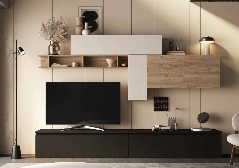 Parete attrezzata Franz linea Arte in finitura Rovere Cadiz,Lava e Cashmere