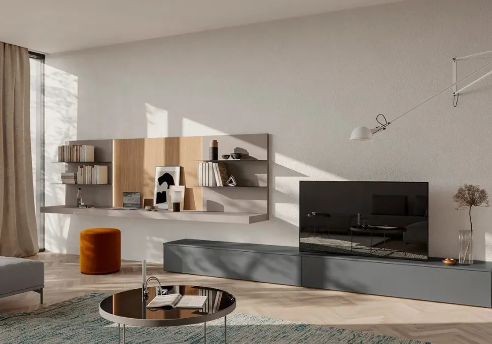 Parete attrezzata Greta con pannelli a muro accessoriati disponibile in 21 colorazioni
