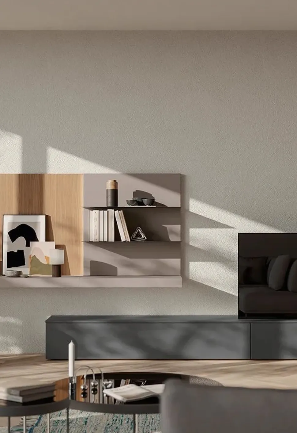 Parete attrezzata Greta con pannelli a muro accessoriati disponibile in 21 colorazioni