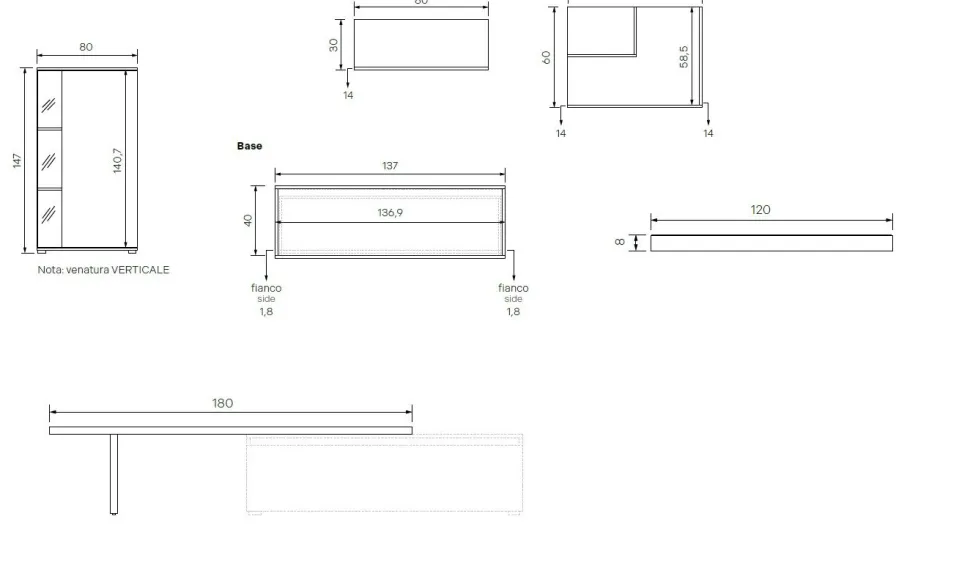 Parete attrezzata Grigio cenere e Noce biondo moderna e componibile con scrivania e credenza Marta disponibile in vari colori