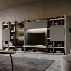 Parete attrezzata Grigio seta componibile e moderna con librerie e vetrina disponibile in vari colori