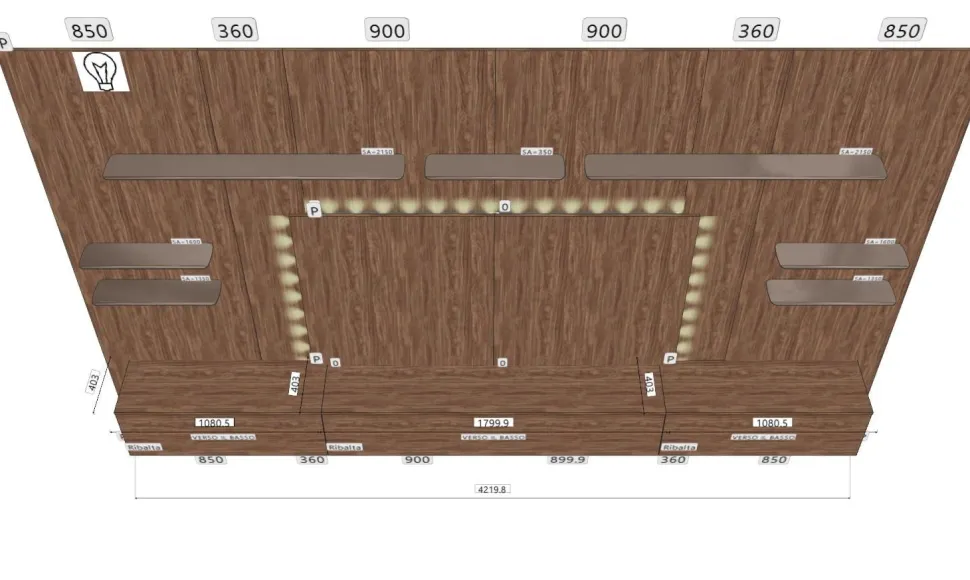 Parete attrezzata in legno moderna componibile con Boiserie e mensole disponibile in vari colori
