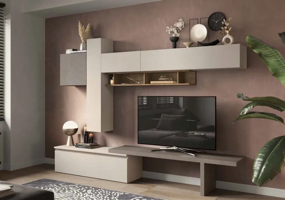 Parete attrezzata Kim linea Arte in finitura Rovere Mercure,Bronzo e Cashmere