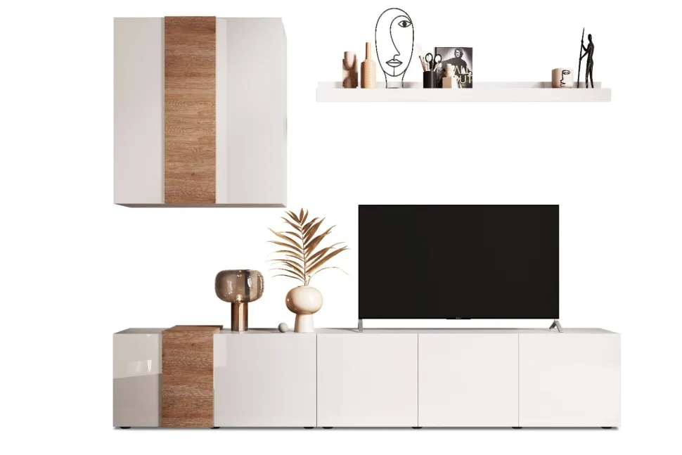 Parete attrezzata linea Olimpo finitura Bianco Lucido e Rovere Kadiz