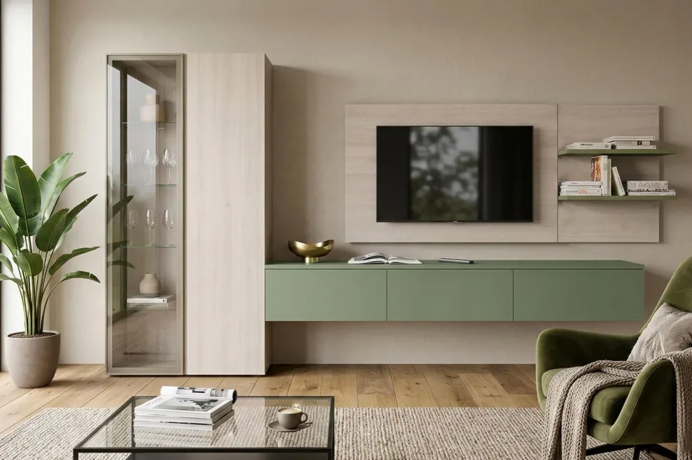 Parete attrezzata Minimal sospesa con pannello porta tv e vetrina disponibile in 20 colori