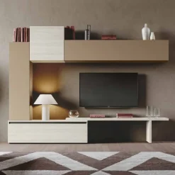 Parete attrezzata moderna Bianco Altea e Oro componibile con mensola porta tv Amanda disponibile in vari colori
