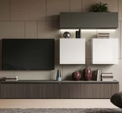 Parete attrezzata moderna Cannettato grigio e Bianco componibile con pensili e porta tv con cassetti disponibile in vari colori