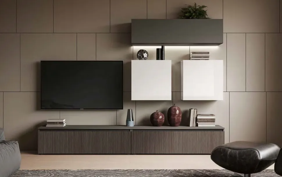 Parete attrezzata moderna Cannettato grigio e Bianco componibile con pensili e porta tv con cassetti disponibile in vari colori