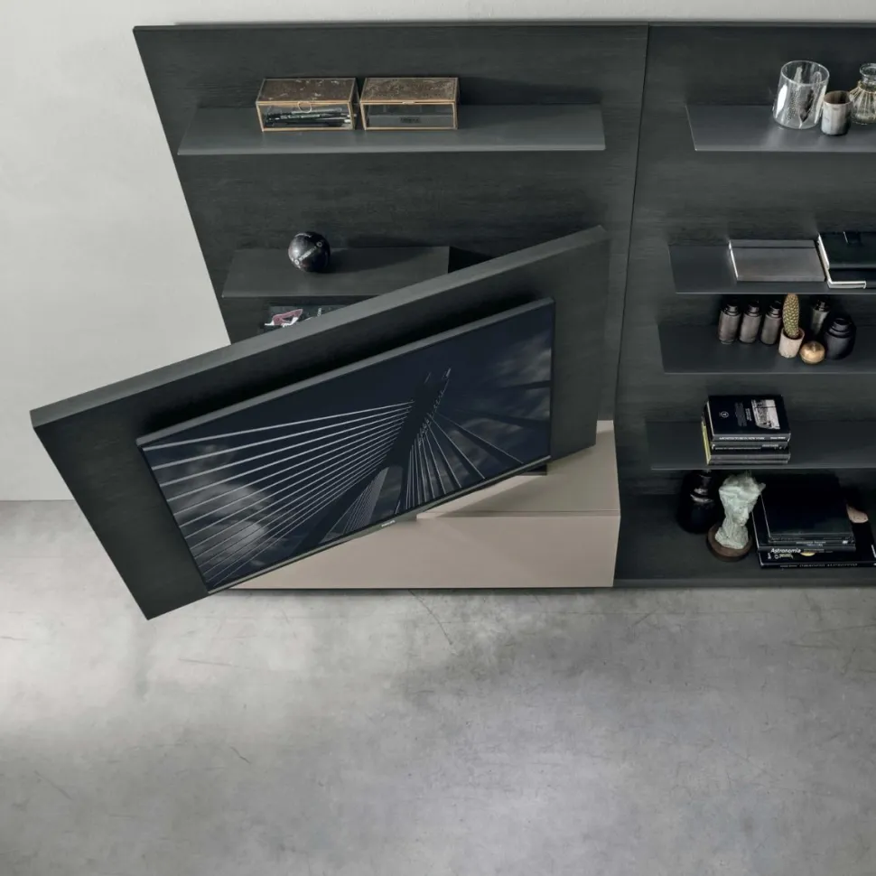Parete attrezzata moderna componibile con pannello Tv girevole linea Nais disponibile in vari colori
