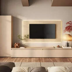 Parete attrezzata moderna con pannello tv sospeso in finitura Cashmere e Travertino nobilitato