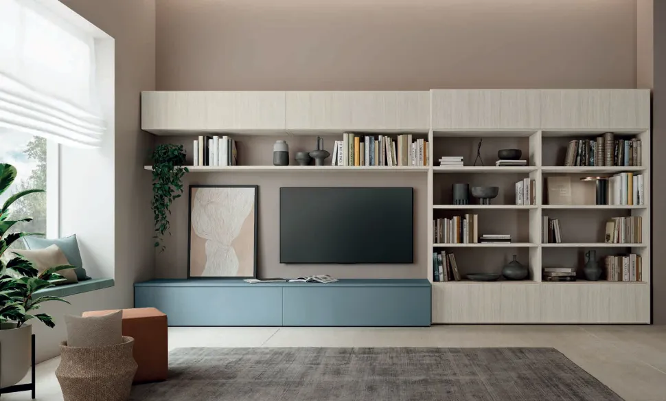 Parete attrezzata moderna componibile con base tv e libreria in 15 colorazioni