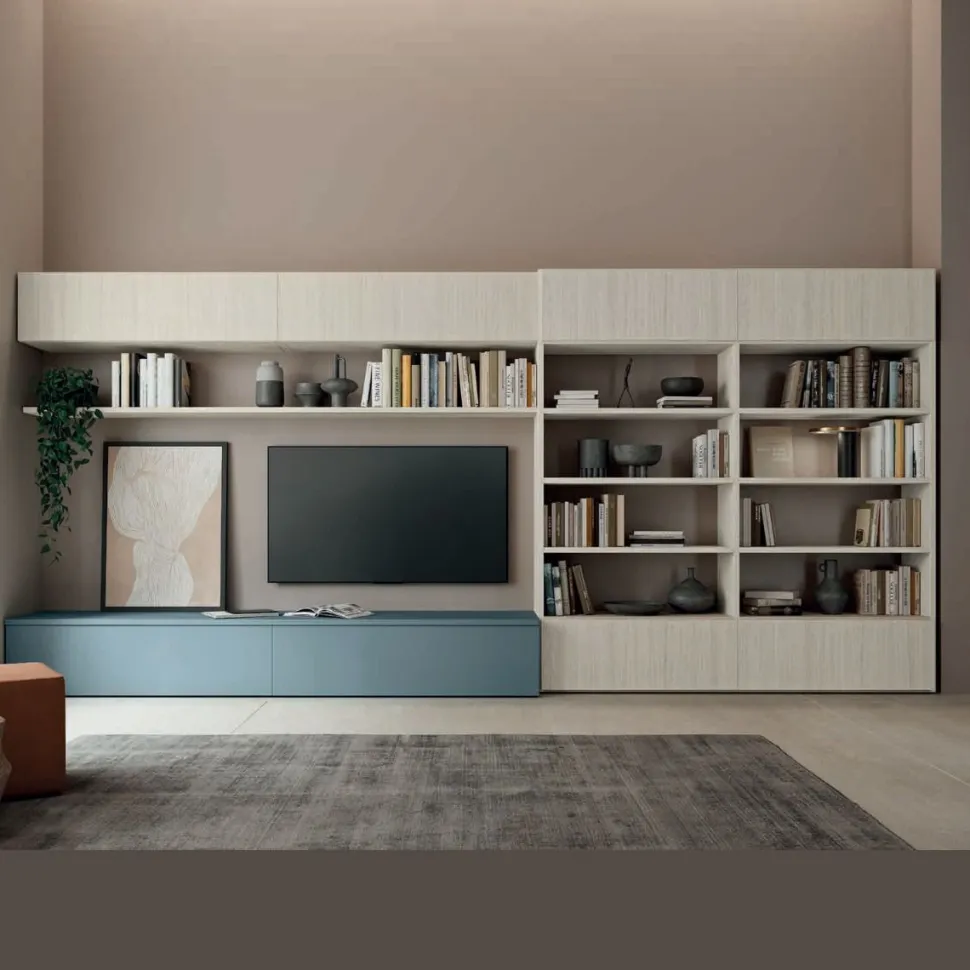 Parete attrezzata moderna componibile con base tv e libreria in 15 colorazioni