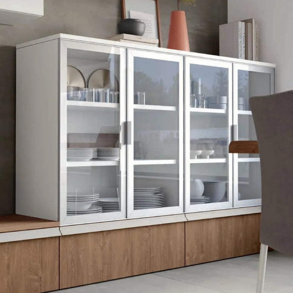Parete attrezzata moderna componibile con vetrina Bianco Opaco e Rovere Venezia in 15 colorazioni