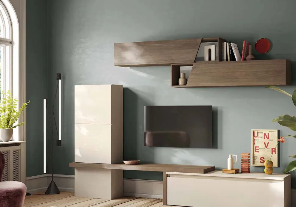 Parete attrezzata moderna componibile con ante a taglio obliquo Giny in finitura Cashmere e Mercure