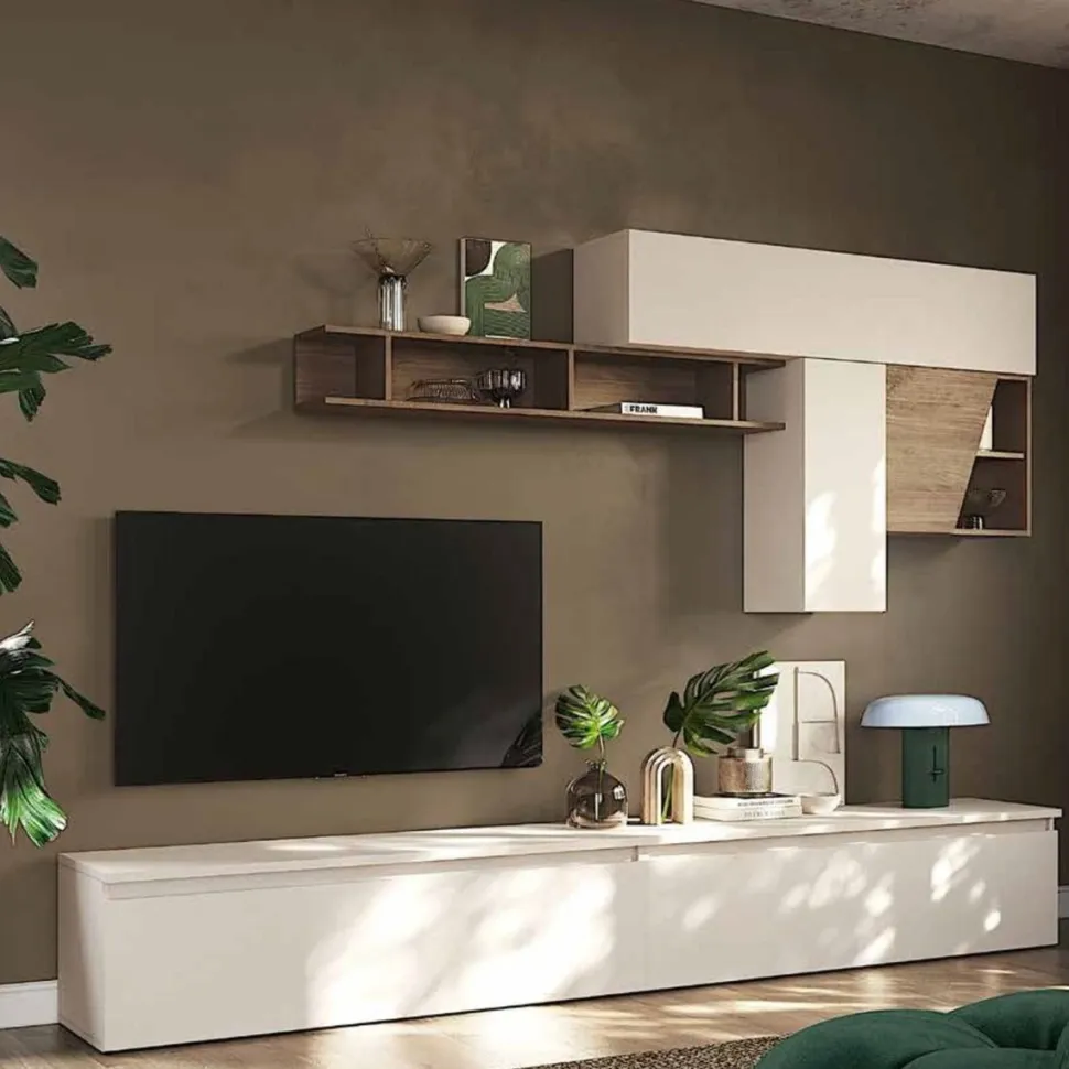 Parete attrezzata moderna componibile ante a taglio obliquo Luna in finitura Cashmere e Mercure