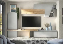 Parete attrezzata moderna componibile con panca Anna in finitura Gesso e Cadiz