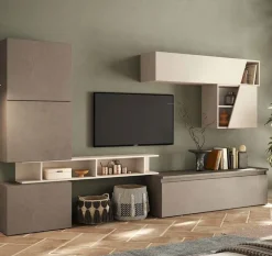 Parete attrezzata moderna componibile con pensili sospesi Iris in finitura Bronzo e Cashmere