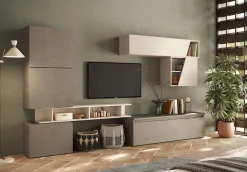 Parete attrezzata moderna componibile con pensili sospesi Iris in finitura Bronzo e Cashmere