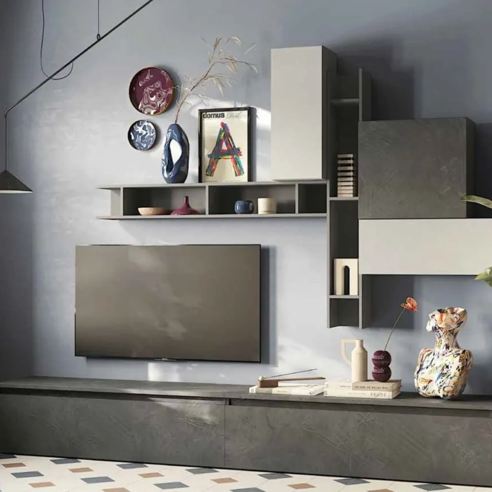 Parete attrezzata moderna componibile con pensili sospesi Cecilia disponibile in vari colori