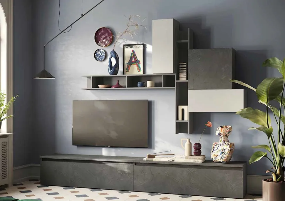 Parete attrezzata moderna componibile con pensili sospesi Cecilia disponibile in vari colori