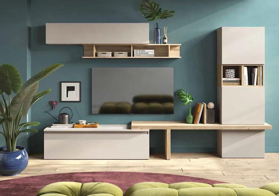 Parete attrezzata moderna componibile con mensola porta tv Regina disponibile in vari colori