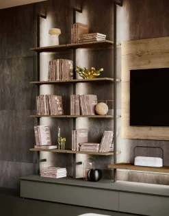 Parete attrezzata moderna con pensili sospesi e libreria in metallo disponibile in vari colori